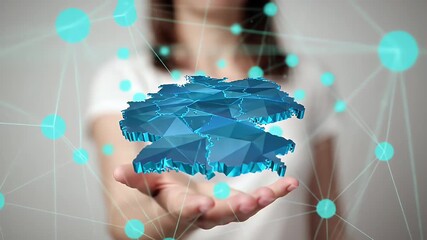Geometric Germany Map Overlay on Womans Hand with Blue Polygonal Network on Clean Background Illustrating Country National Borders and Digital Connectivity - Powered by Adobe