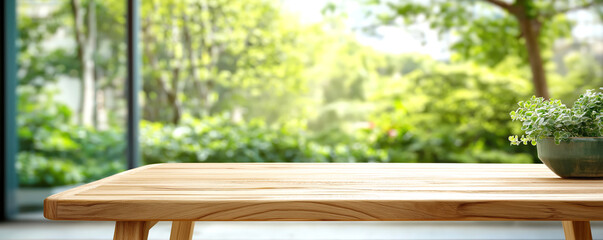 Sunlit wooden tabletop in a lush garden, vibrant greenery provides a serene backdrop, perfect for nature-themed gatherings.