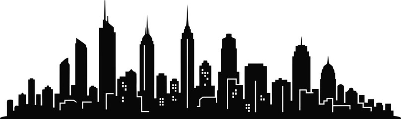 Obraz premium A black silhouette of a city skyline with various buildings and skyscrapers against a white background