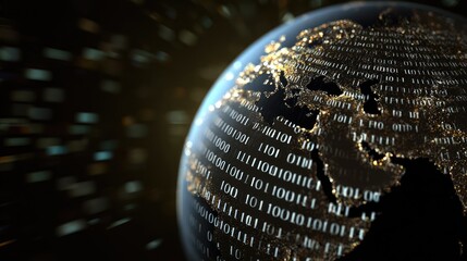Global Network of the Digital World: An evocative image of planet earth enveloped in a binary code grid, representing the intricate and interconnected digital world.