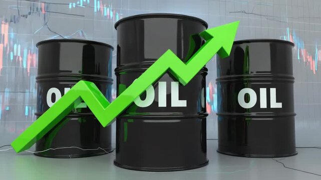 Bright green arrow pointing up in front of three barrels labeled OIL.