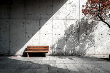 Modern bench in urban setting, minimalist design with sharp shadows, ideal for relaxation, copy-space for text.