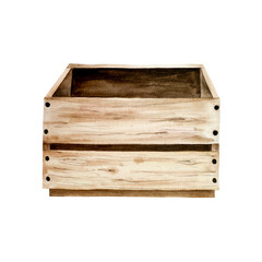 Wooden box with visible grain and rustic texture, watercolor hand drawn isolated illustration. Vintage storage crate perfect for farmhouse, pantry, or harvest themes. Vintage container ideal for