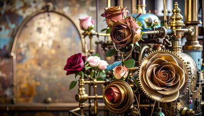 A steampunk-inspired arrangement of metallic roses amidst intricate machinery.