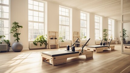 A photo of an empty Pilates studio with reformer machine