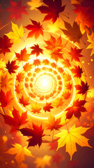 A swirling pattern of autumn leaves radiating light, creating a warm, inviting atmosphere.