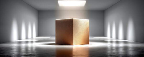 Mysterious illuminated box in minimalistic room, soft light reflecting on glossy floor, evokes curiosity and intrigue.