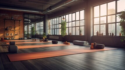 A photo of an empty yoga studio with mats laid out.