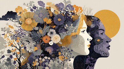 A harmonious duo of abstract illustrations symbolizing mental well-being, side profile of a woman with flowing reddish hair on a warm cream background Mental Wellness and Mindfulness Holistic Health 