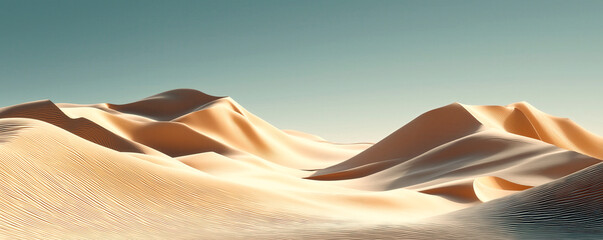 Vast sandy desert, smooth dunes under a clear sky, serene landscape ideal for adventure themes and relaxation.