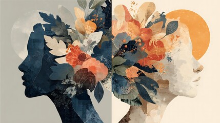 A harmonious duo of abstract illustrations symbolizing mental well-being, side profile of a woman with flowing reddish hair on a warm cream background Mental Wellness and Mindfulness Holistic Health 