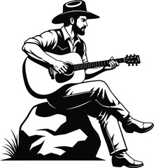 Fototapeta premium A black and white illustration of a man in a cowboy hat playing a guitar while sitting on a rock