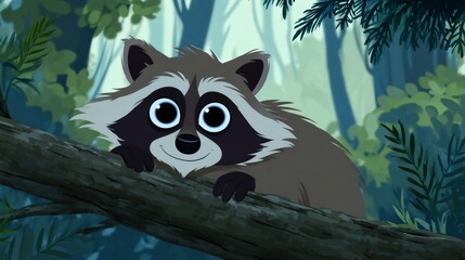 Playful raccoon relaxing on a tree branch in a lush forest