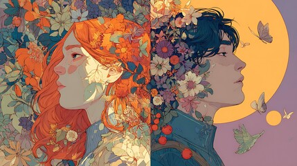 A harmonious duo of abstract illustrations symbolizing mental well-being, side profile of a woman with flowing reddish hair on a warm cream background Mental Wellness and Mindfulness Holistic Health 