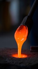 Glassblower pouring molten glass into a mold in glass workshop