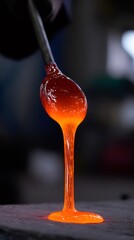 Glassblower pouring molten glass, liquid fire texture in glass workshop