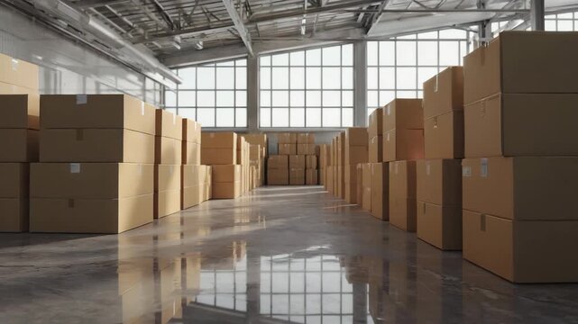 A warehouse filled with stacks of brown cardboard boxes.