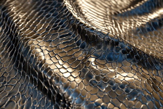 Detailed view of dark reptile skin texture shows graceful folds and shimmering metallic scales, softly reflecting natural light across its elegant surface.