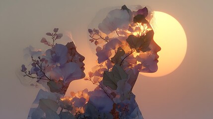 A harmonious duo of abstract illustrations symbolizing mental well-being, side profile of a woman with flowing reddish hair on a warm cream background Mental Wellness and Mindfulness Holistic Health 