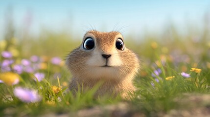 Curious prairie dog emerging from green grass and flowers