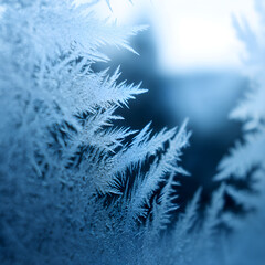 Macro shot of ice crystals forming on glass in winter