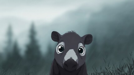 Little tapir emerging from the fog in a moody forest