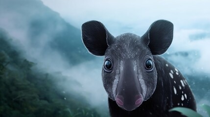 Adorable baby tapir emerging from misty rainforest depths