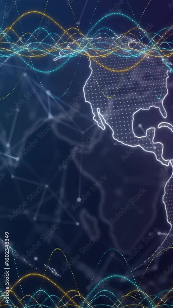 Poster data processing animation with globe, network connections, and waveforms