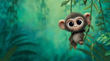Cute baby monkey swinging on a vine in the jungle