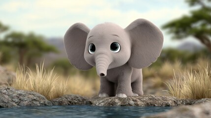 Adorable baby elephant drinking water in the savannah, comic book style illustration