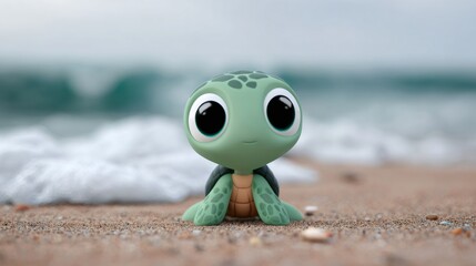 Baby turtle exploring sandy beach with ocean waves in background