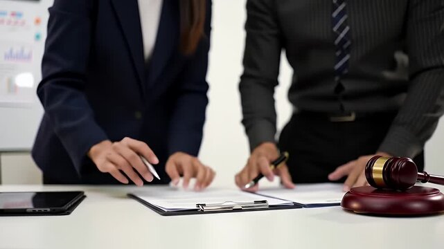 Close Up of Two People Signing a Legal Contract with Gavel and Charts in the Background