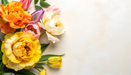 A vibrant arrangement of colorful flowers on a soft background.