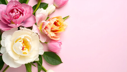 A vibrant arrangement of colorful flowers on a soft pink background.