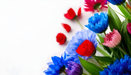 A vibrant arrangement of colorful flowers with scattered petals on a white background.