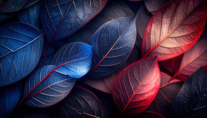 A vibrant arrangement of colorful leaves in shades of blue and red.