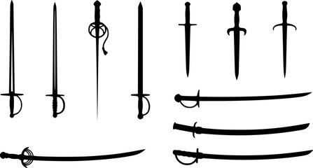 a collection of different types of swords, black and white, simple design, various sword shapes, silhouettes, minimal detail, flat image, vector 