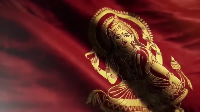 embroidery motif of Goddess Parvati on red gold silk cloth wavy slowly blown by the wind