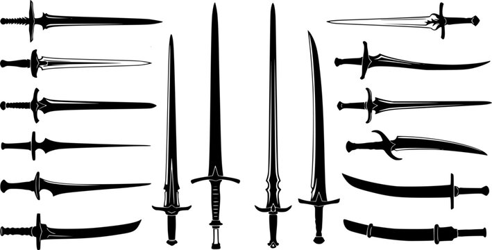 a collection of different types of swords, black and white, simple design, various sword shapes, silhouettes, minimal detail, flat image, vector 