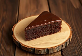 A single slice of moist chocolate cake sits on a rustic wooden table, homemade, mouthwatering