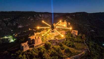 Futuristic light beams radiate from a historic hilltop fortress, a stunning aerial night view blending technology with ancient architecture.