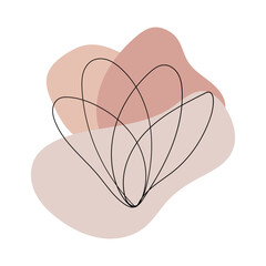 Heart Shape Petals Illustration. A modern line flower with heart-like petals and layered abstract blush background.