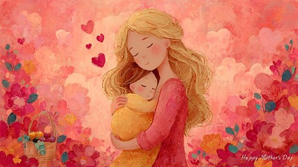 A heartwarming flat design illustration of Mother's Day, showcasing a blonde mother gently embracing her baby in the left foreground Mother's Day and Parental Love Family and Childcare Content