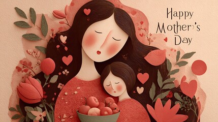 A heartwarming flat design illustration of Mother's Day, showcasing a blonde mother gently embracing her baby in the left foreground Mother's Day and Parental Love Family and Childcare Content