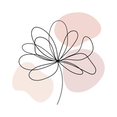 Whimsical Blossom with Blush. a playful single-line flower illustration over soft pink and beige abstract shapes, great for invitations, prints, and decor.