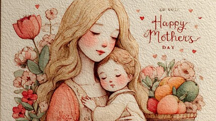A heartwarming flat design illustration of Mother's Day, showcasing a blonde mother gently embracing her baby in the left foreground Mother's Day and Parental Love Family and Childcare Content