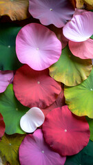 A vibrant arrangement of colorful lotus leaves in various shades and sizes.