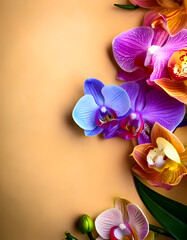 A vibrant arrangement of colorful orchids against a soft background.