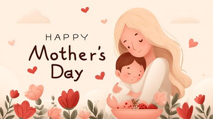 A heartwarming flat design illustration of Mother's Day, showcasing a blonde mother gently embracing her baby in the left foreground Mother's Day and Parental Love Family and Childcare Content