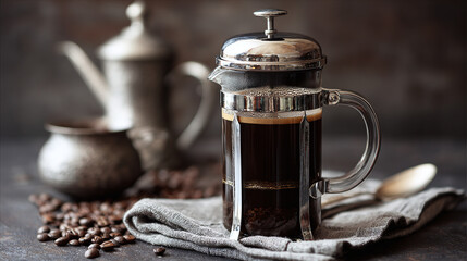 French press coffee brewing process, with freshly roasted beans and elegant silverware. Authentic coffee experience at home.